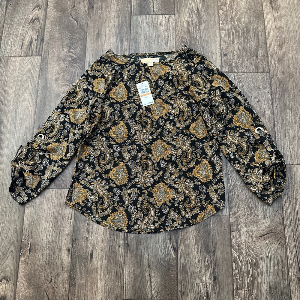 Michael Kors Top Boho Blouse Women's Size S Paisley Black Orange